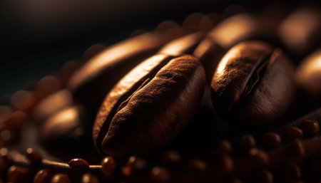 Freshly roasted coffee beans create a scented caffeine addiction generated by artificial intelligenceの素材