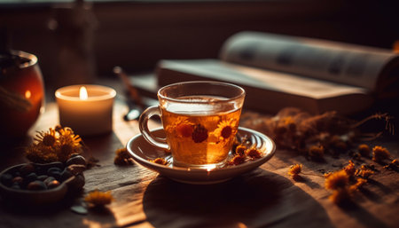 A cozy autumn night hot drinks, books, and candlelight generated by artificial intelligenceの素材