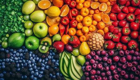 Vibrant colored fruit collection, a healthy and refreshing snack option generated by artificial intelligenceの素材