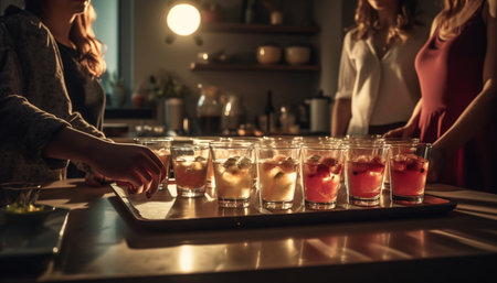 Young women enjoy refreshing cocktails at the bar in nightlife generated by artificial intelligenceの素材