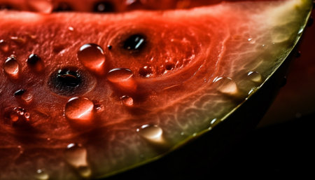 Ripe watermelon slice with juicy seeds, perfect for healthy snacking generated by artificial intelligenceの素材