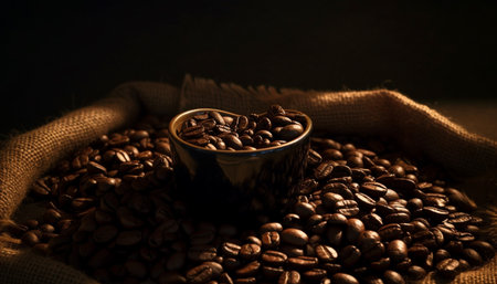 Dark coffee bean sack adds aroma to scented drink generated by artificial intelligenceの素材