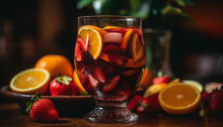 Juicy berry cocktail with fresh citrus slices on rustic wooden table generated by artificial intelligenceの素材