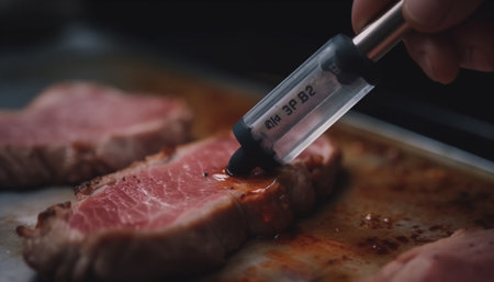 Grilled steak fillet, cooked rare, ready to eat on plate generated by artificial intelligenceの素材