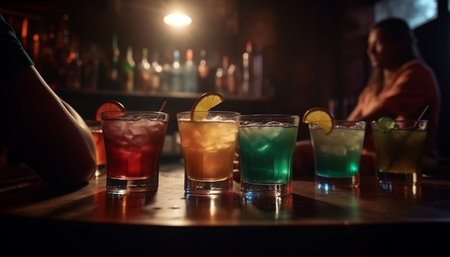 At the bar counter, men and women enjoy refreshing cocktails generated by artificial intelligenceの素材