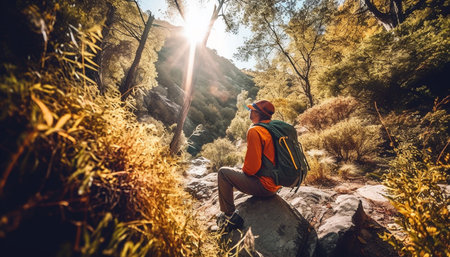 Successful journey through tranquil autumn landscape, enjoying freedom and relaxation generated by artificial intelligenceの素材