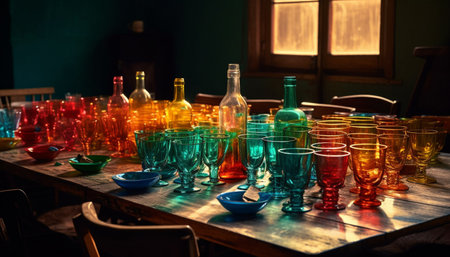 Nightclub science lab showcases collection of multi colored liquid variations generated by artificial intelligenceの素材