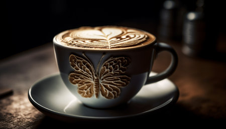 A frothy cappuccino in a heart shaped mug for coffee lovers generated by artificial intelligenceの素材
