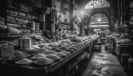Abundance of fruit and spices sold in East Asian street markets generated by artificial intelligenceの素材