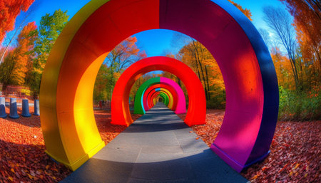 The vibrant colors of autumn leaves illuminate the forest landscape generated by artificial intelligenceの素材