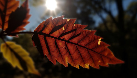 Vibrant autumn foliage on maple tree, back lit by sunlight generated by artificial intelligenceの素材