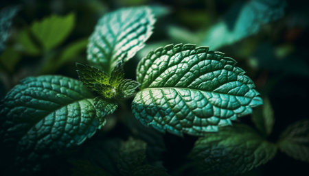 Fresh spearmint drop on wet leaf, beauty in nature pattern generated by artificial intelligenceの素材