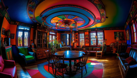 In a modern nightclub, illuminated chairs decorate the elegant interior generated by artificial intelligenceの素材