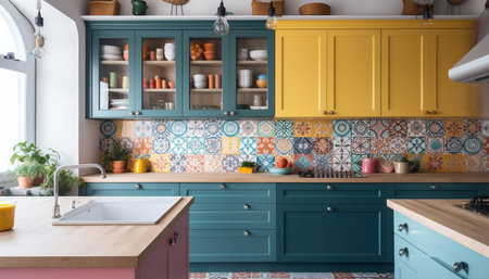 Modern kitchen design with stainless steel appliances and vibrant colors generated by artificial intelligenceの素材