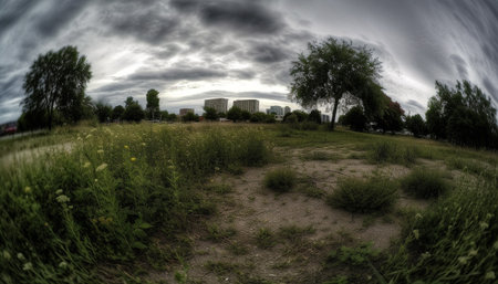 A tranquil sunset over a meadow, with a vanishing point generated by artificial intelligenceの素材