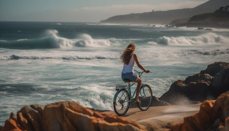 One woman cycling at sunset, enjoying healthy outdoor lifestyle generated by artificial intelligenceの素材