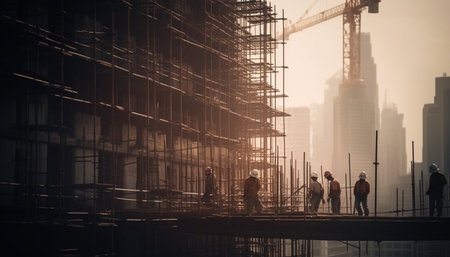 Silhouetted construction workers plan skyscraper growth in bustling cityscape generated by artificial intelligenceの素材
