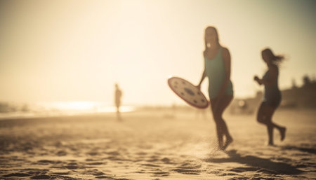 Two women surfing at sunset, enjoying carefree leisure activity generated by artificial intelligenceの素材