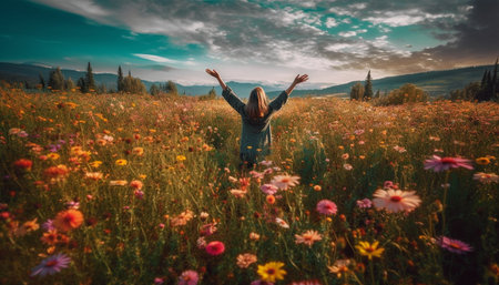 A cheerful young woman enjoys the beauty of nature outdoors generated by artificial intelligenceの素材