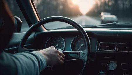 Driving on multiple lane highway, holding steering wheel, on journey generated by artificial intelligenceの素材