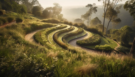 A tranquil scene of a green meadow under a sunset generated by artificial intelligenceの素材