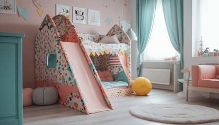 A playful nursery with cute toys, bright colors, and comfort generated by artificial intelligenceの素材