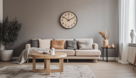 Modern elegance in a comfortable, luxurious living room with wood flooring generated by artificial intelligenceの素材