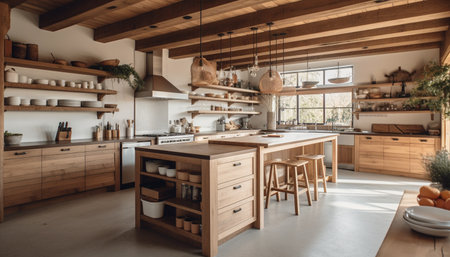 Modern luxury kitchen with rustic hardwood flooring and stainless steel appliances generated by artificial intelligenceの素材