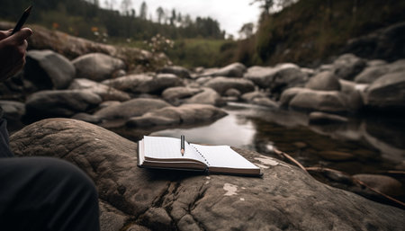One person reading literature outdoors, surrounded by tranquil nature generated by artificial intelligenceの素材