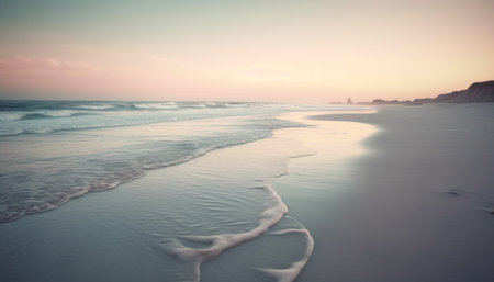 The tranquil scene of the sunset over the wet sand generated by artificial intelligenceの素材