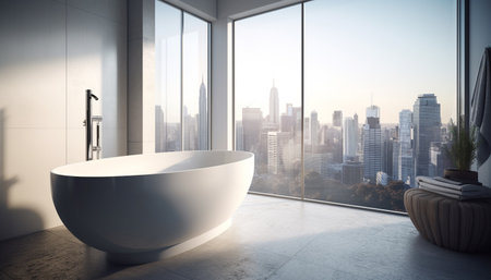 Modern luxury apartment with bright cityscape view and elegant design generated by artificial intelligenceの素材