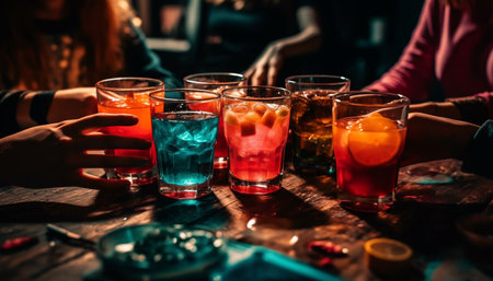 Men and women enjoy cocktails at the bar counter after work generated by artificial intelligenceの素材
