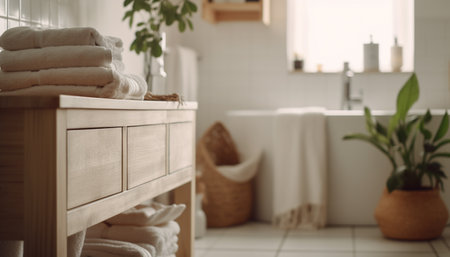 Modern luxury bathroom with elegant wood flooring and fresh plant generated by artificial intelligenceの素材