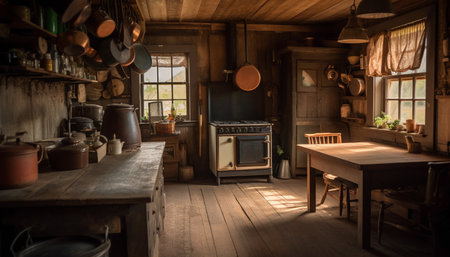 Rustic kitchen design with modern equipment and old fashioned decor generated by artificial intelligenceの素材