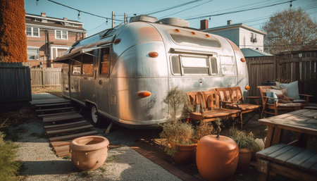 An old fashioned car travels through the rustic rural scene outdoors generated by artificial intelligenceの素材