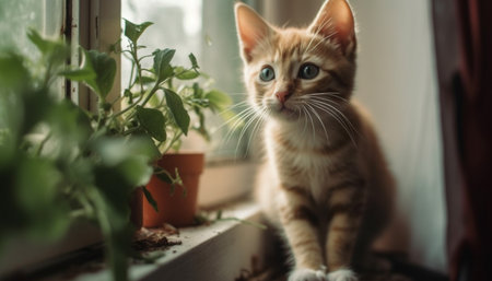 Curious domestic kitten staring out window, playful and fluffy generated by artificial intelligenceの素材
