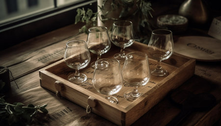 Luxury wine bottle and glass on rustic wooden table background generated by artificial intelligenceの素材
