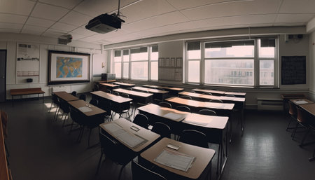 Modern classroom with empty chairs, no people, and technology equipment generated by artificial intelligenceの素材
