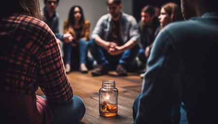 A group of young adults enjoying beer and togetherness outdoors generated by artificial intelligenceの素材
