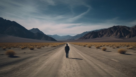 One person walking in solitude, exploring extreme terrain and arid climate generated by artificial intelligenceの素材