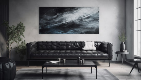 Elegant modern living room with comfortable sofa, abstract decoration, and nature generated by artificial intelligenceの素材