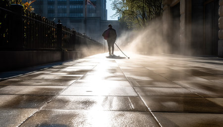 One businessman jogging outdoors in the city at dusk generated by artificial intelligenceの素材