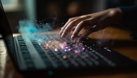 A young adult programmer typing on laptop in illuminated office generated by artificial intelligenceの素材