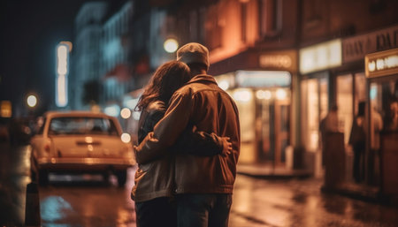 A young couple embraces under the street light, enjoying nightlife generated by artificial intelligenceの素材