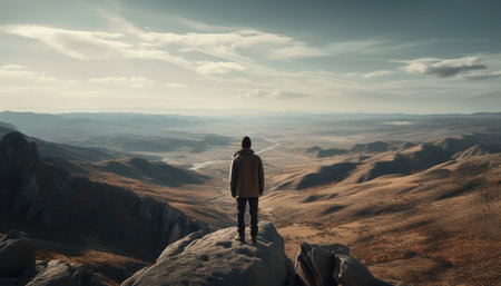 Standing on mountain peak, one person achieves hiking success generated by artificial intelligenceの素材