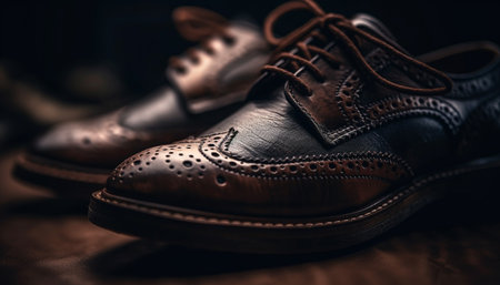 A shiny black leather pair of loafers exudes elegance generated by artificial intelligenceの素材