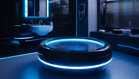 Modern luxury bathroom Blue sink, clean bathtub, illuminated with lighting equipment generated by artificial intelligenceの素材