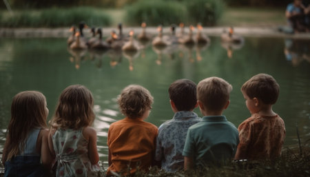 A large group of children playing outdoors in the forest generated by artificial intelligenceの素材