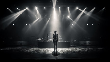 One person standing on dark stage, illuminated by spotlight generated by artificial intelligenceの素材