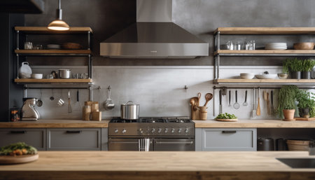 Modern kitchen design with stainless steel appliances and marble flooring generated by artificial intelligenceの素材